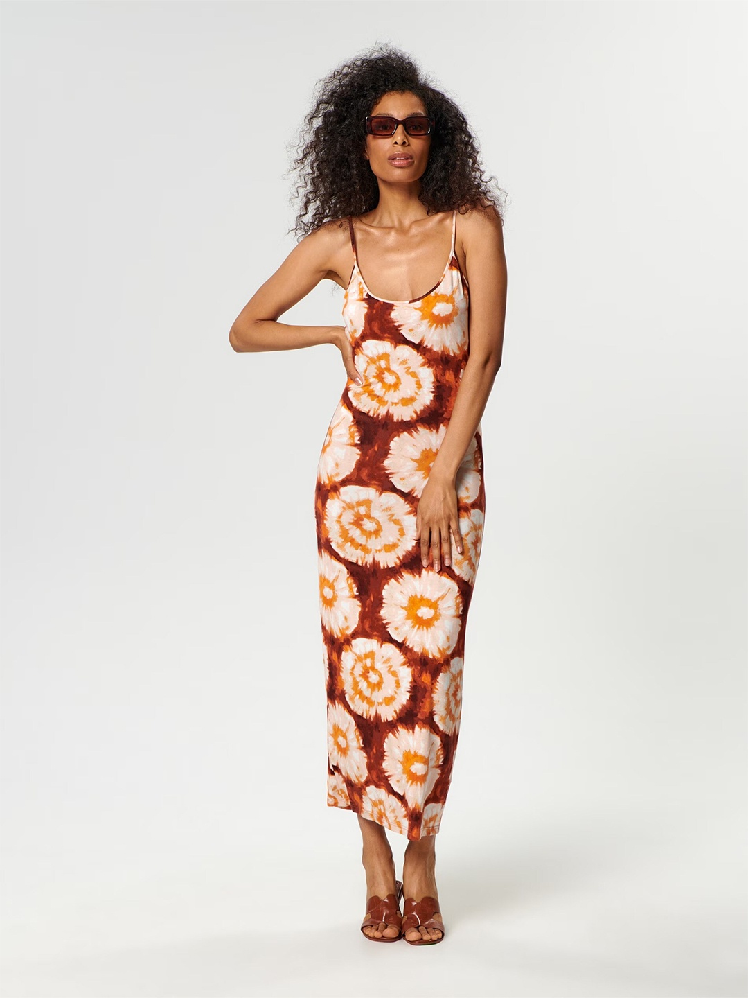 

TANDUL Floral Printed Shoulder Straps Maxi Dress, Brown