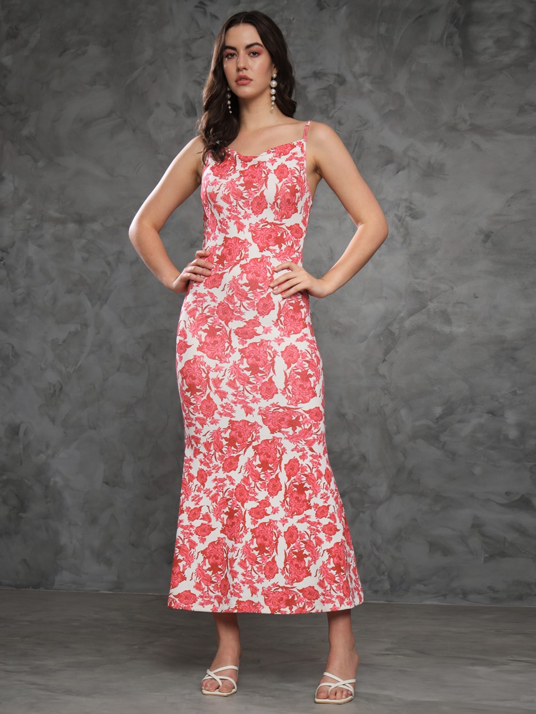 

TANDUL Floral Printed Shoulder Straps Maxi Dress, Pink