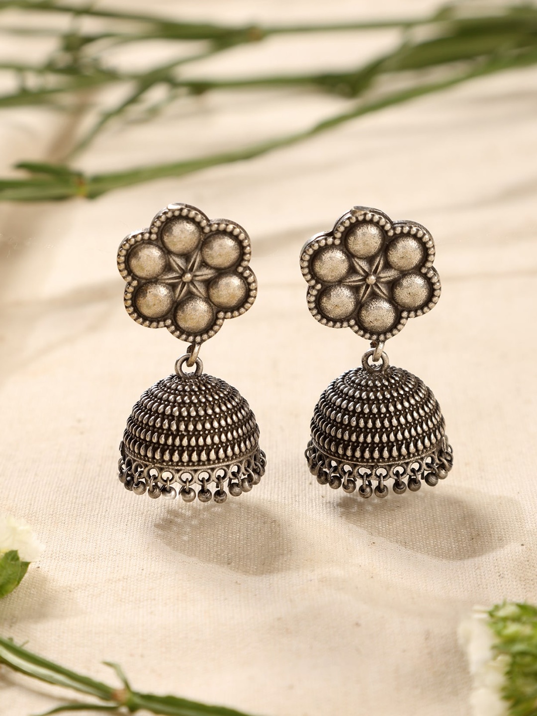 

trueBrowns Silver-Plated Dome Shaped Oxidised Jhumkas