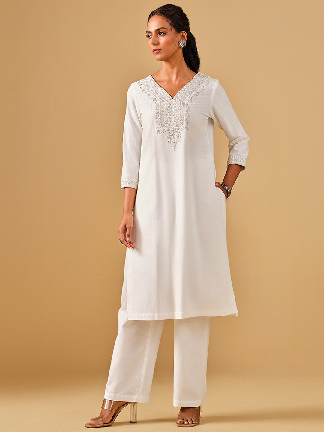 

Global Desi Ethnic Motifs Yoke Design Thread Work Straight Kurta And Trousers, White