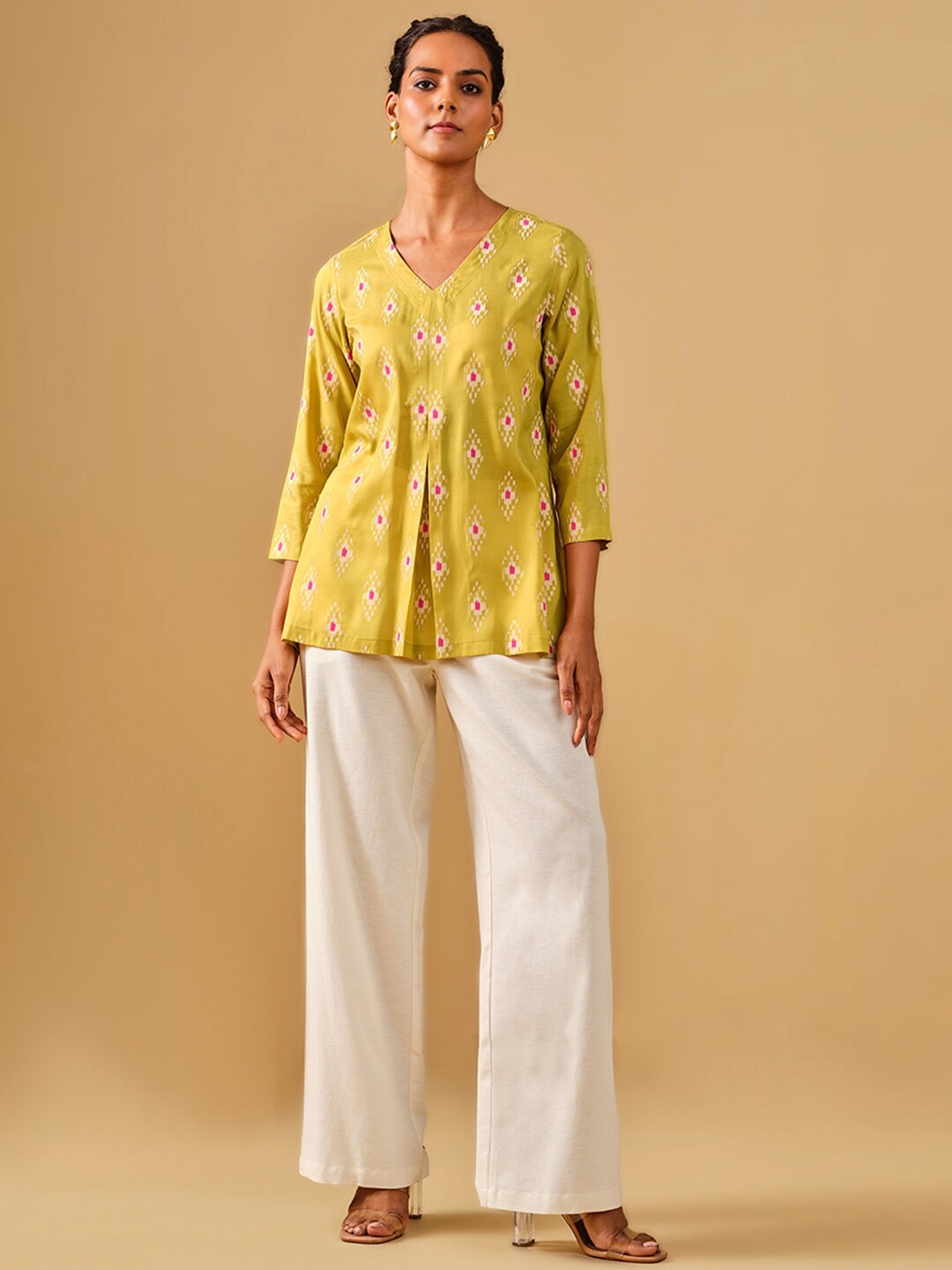 

Global Desi Floral Printed V-Neck A-Line Top, Mustard