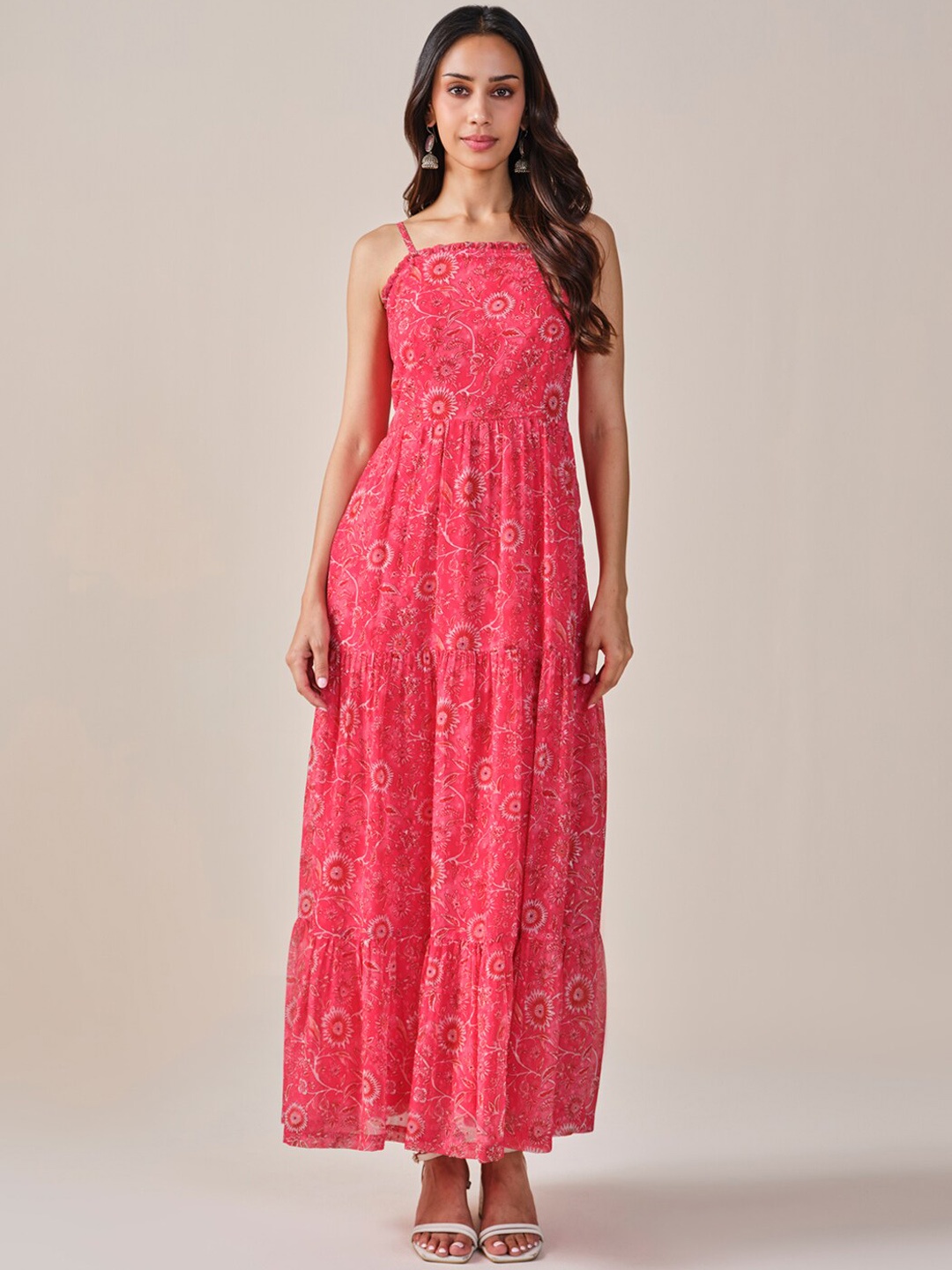 

Global Desi Floral Printed Shoulder Straps Flared Tiered Ethnic Maxi Gown Dress, Pink