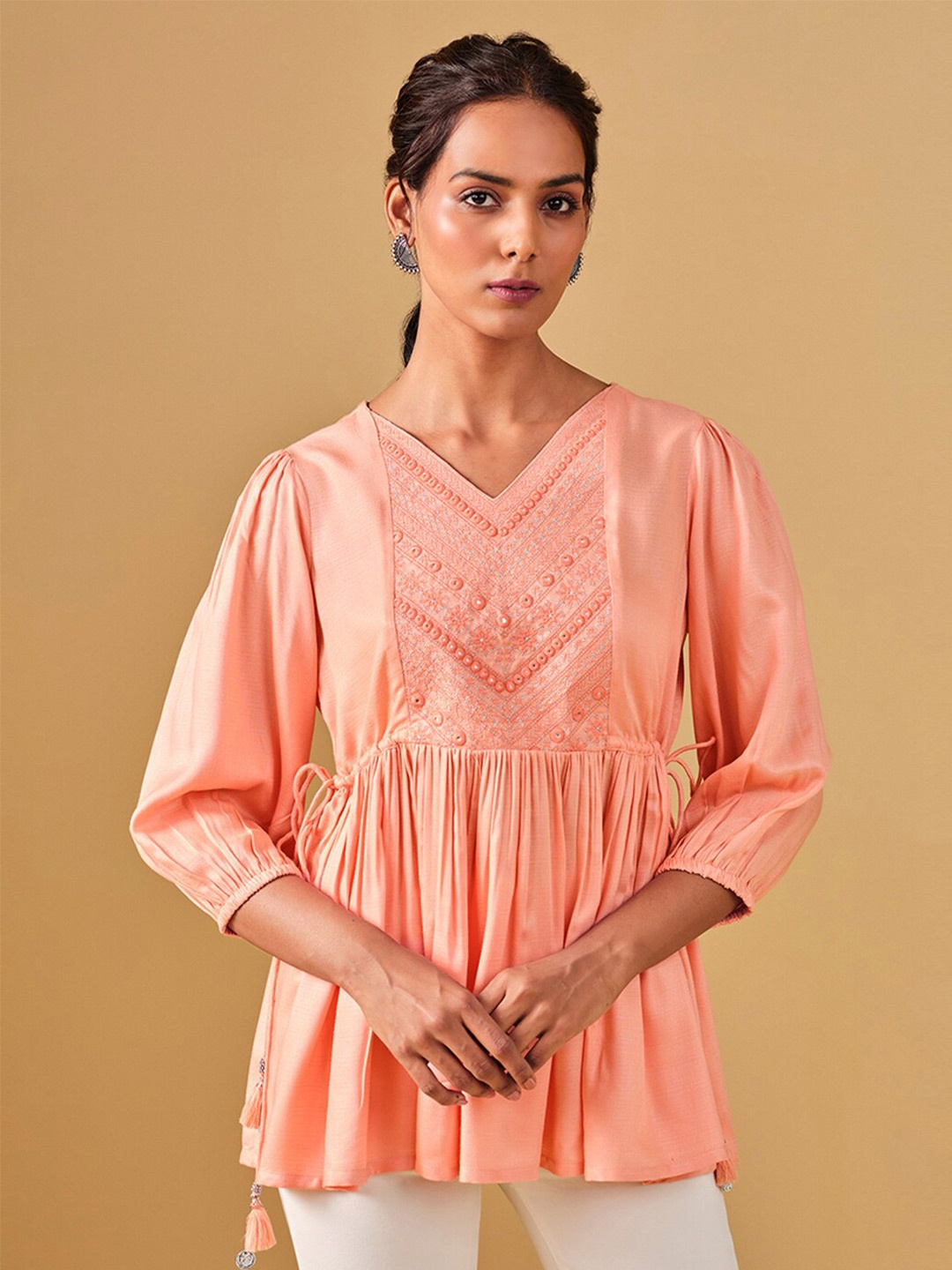

Global Desi Embroidered Puff Sleeves Gathered Top, Peach