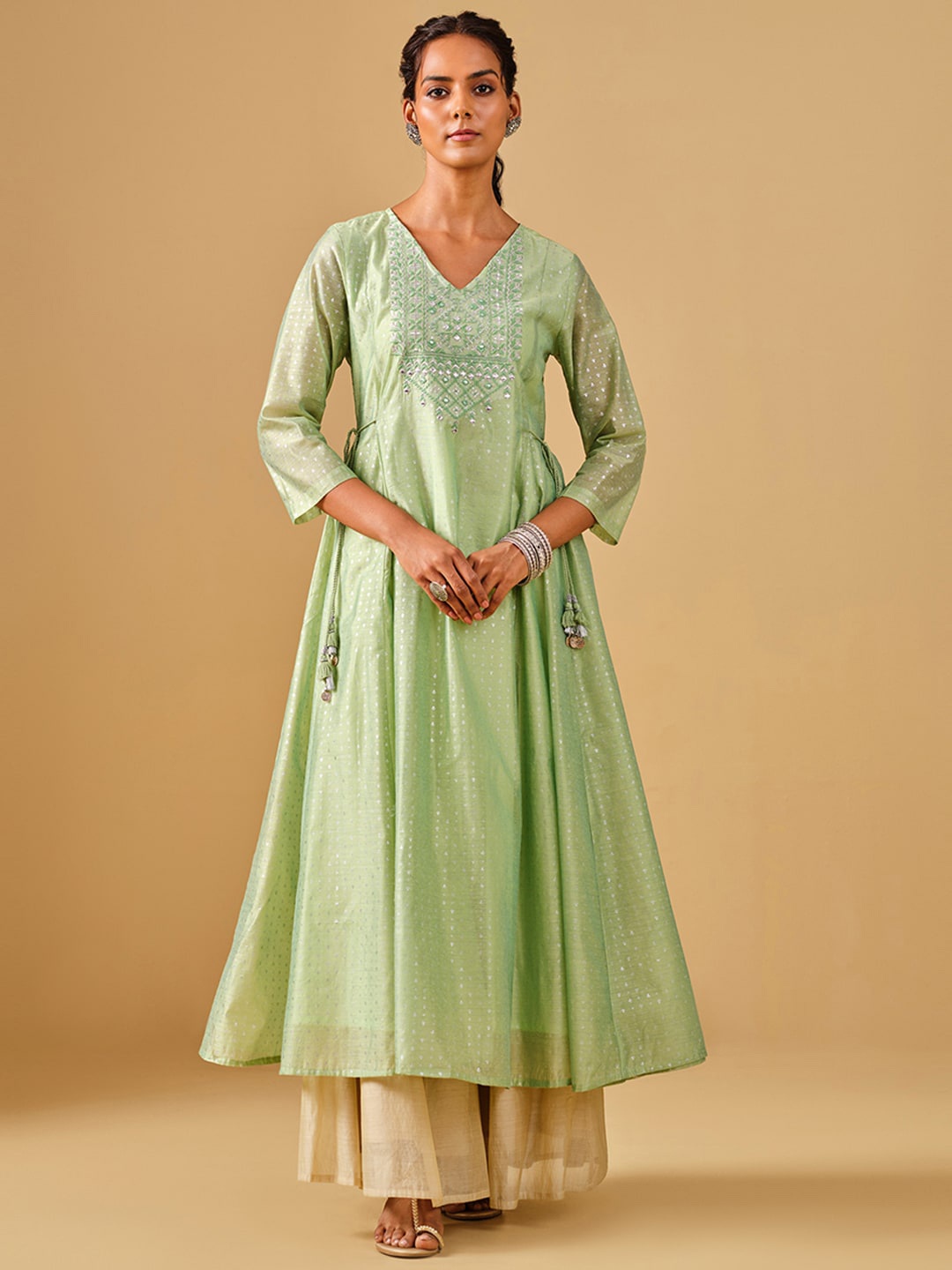 

Global Desi Ethnic Motifs Printed Mirror Work Detailed Anarkali Kurta, Green