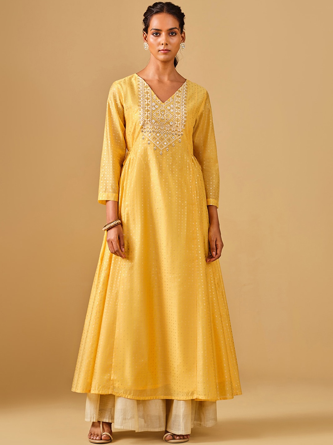 

Global Desi Ethnic Motifs Printed Thread Work Detailed Anarkali Kurta, Yellow