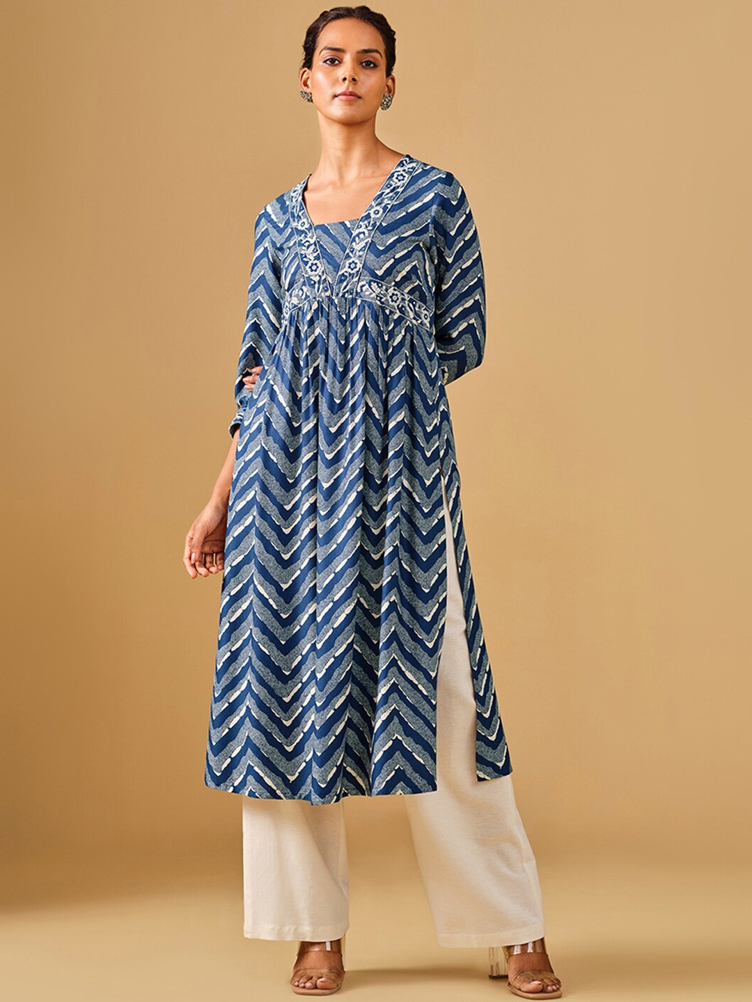 

Global Desi Chevron Printed Square Neck Pleated A-Line Kurta, Blue