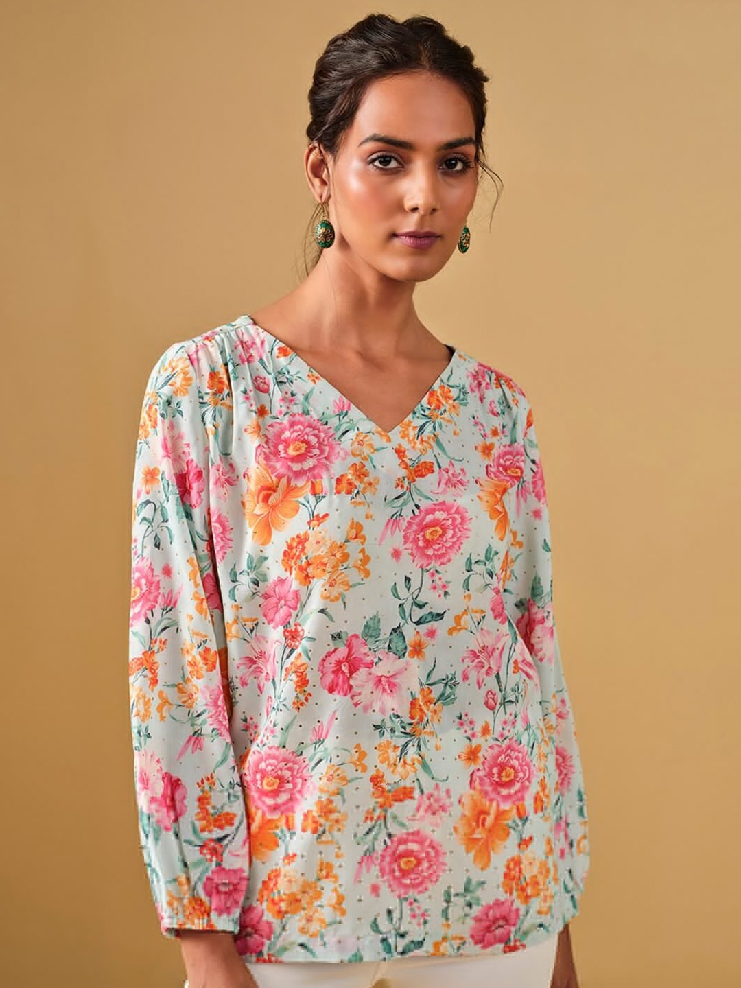 

Global Desi Floral Printed Puff Sleeves Top, Blue