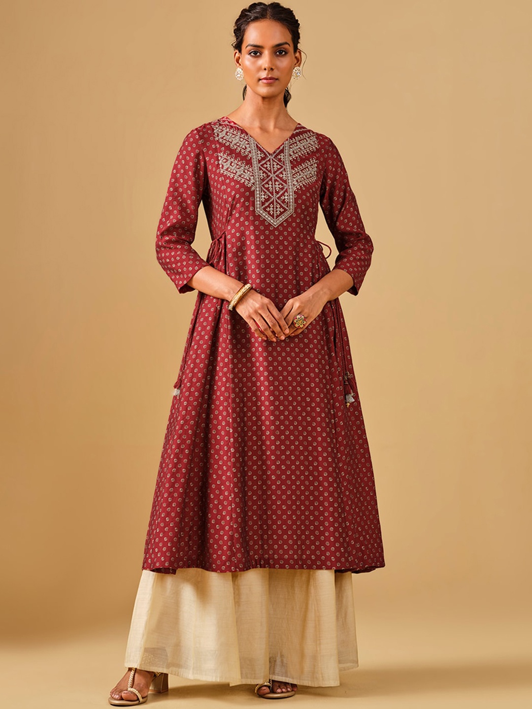 

Global Desi Geometric Yoke Design Gotta Patti Panelled Anarkali Kurta, Maroon