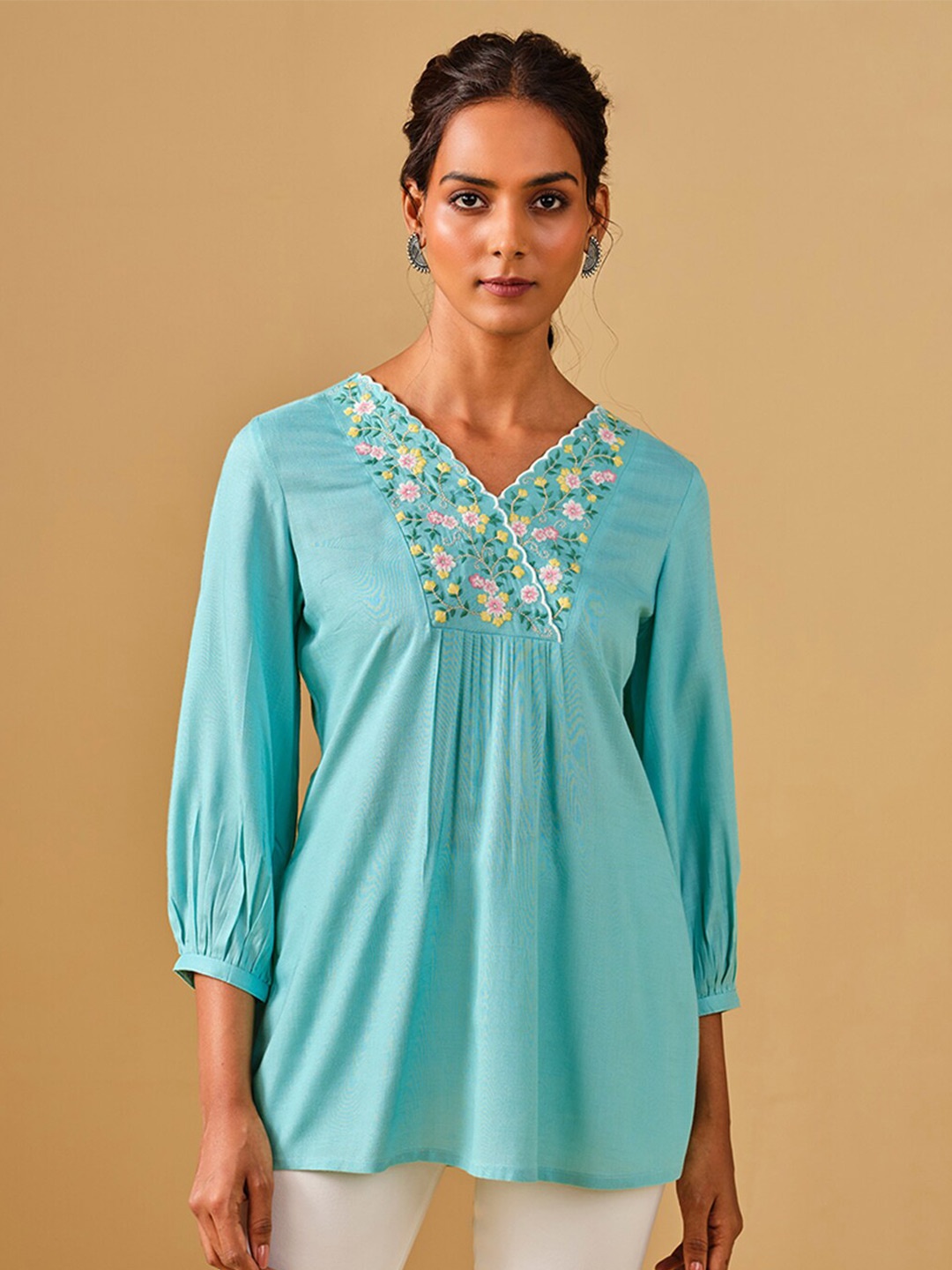 

Global Desi Floral Embroidered Cuffed Sleeves Top, Blue