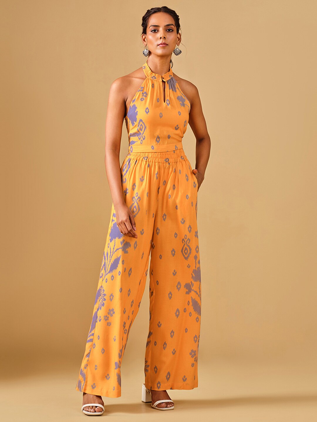 

Global Desi Printed Halter Neck Top With Palazzo Co-Ords, Mustard