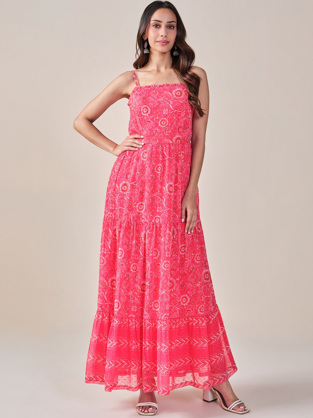 

Global Desi Floral Printed Shoulder Straps Flared Tiered Ethnic Maxi Gown Dress, Pink