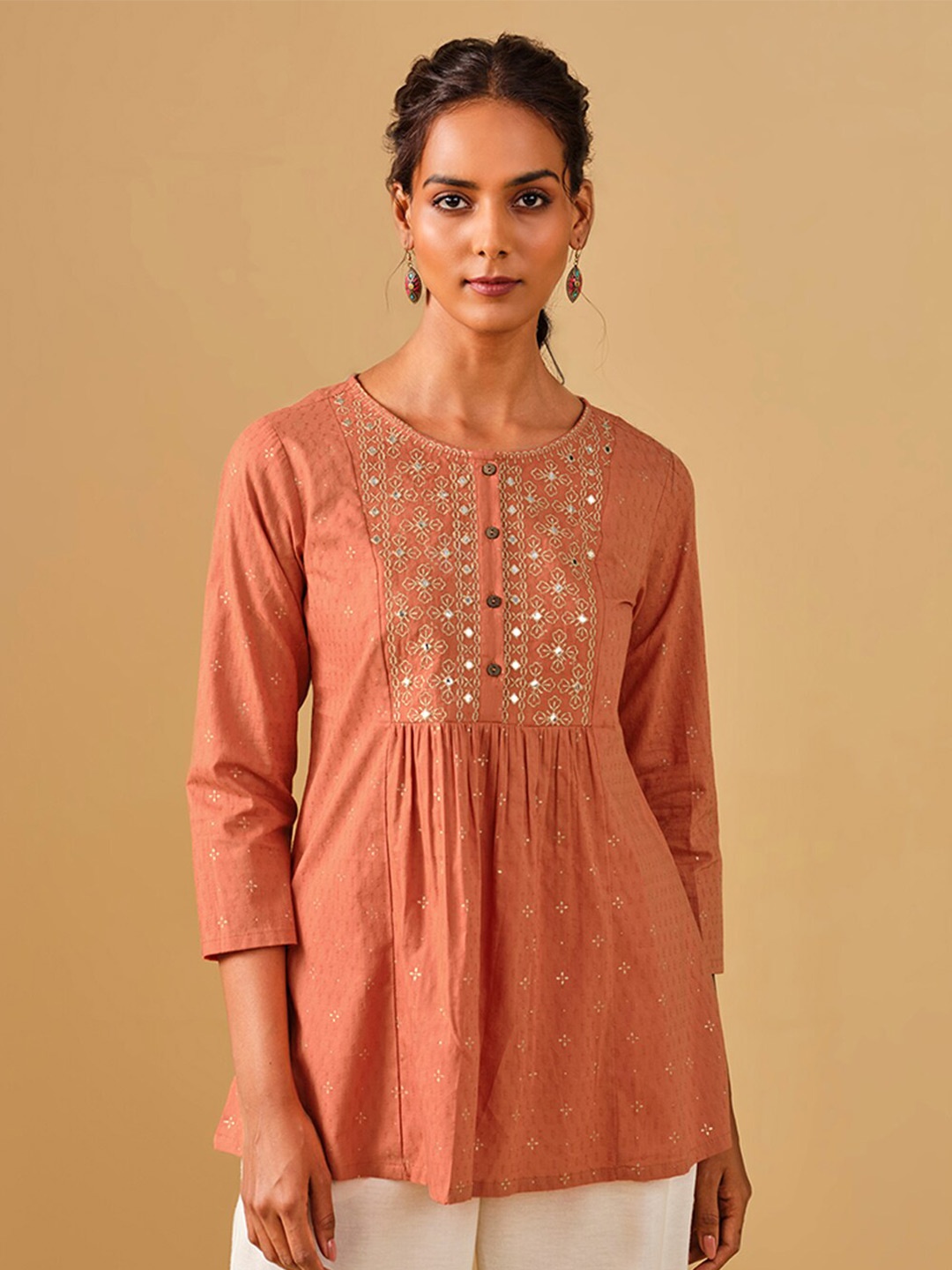 

Global Desi Printed Round Neck Pure Cotton Empire Top, Rust
