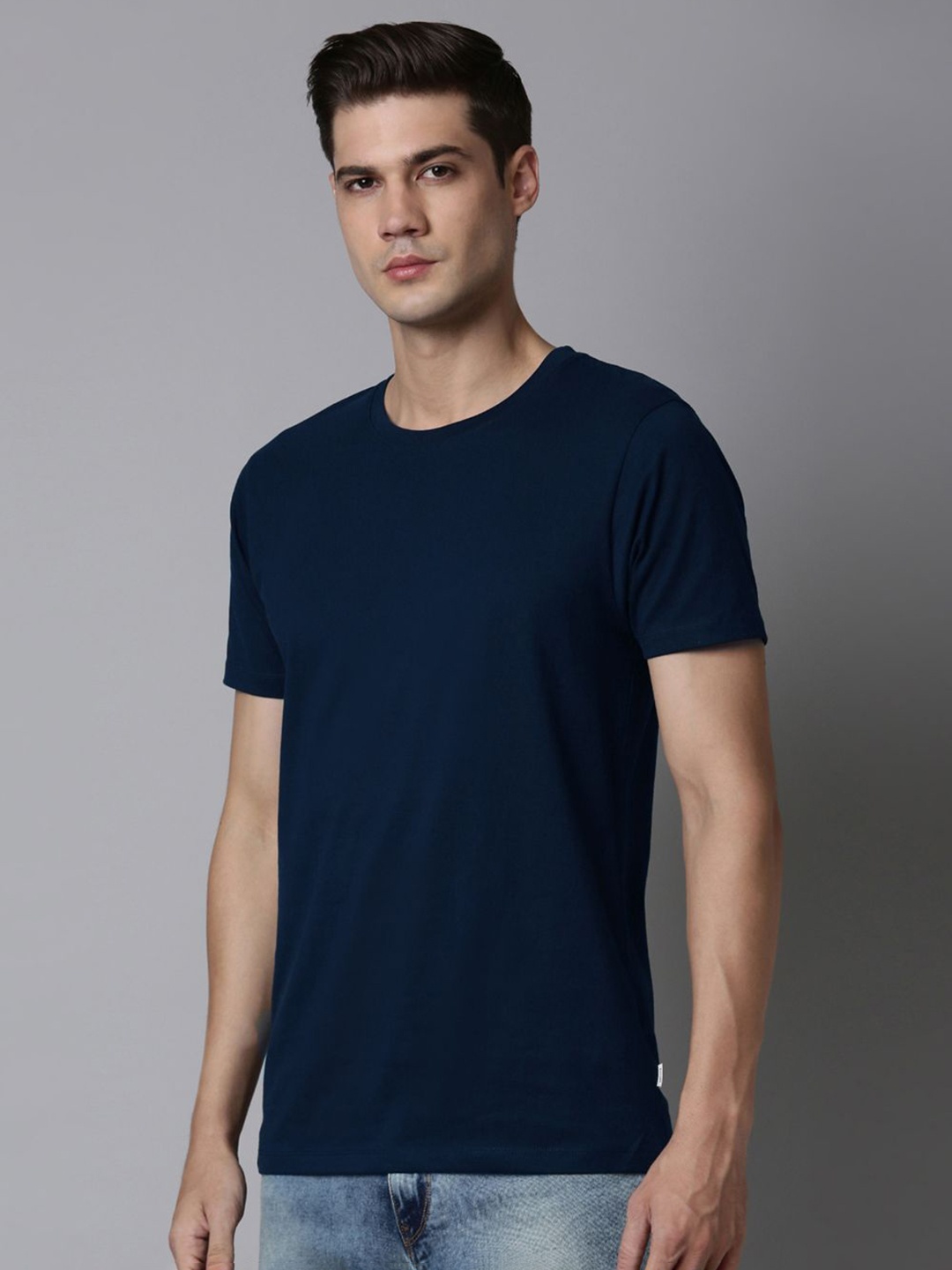 

MAXZONE Round Neck Knitted Pure Cotton Casual T-shirt, Navy blue