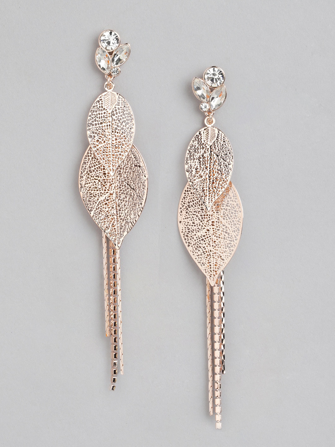

Forever New Rose Gold-Plated Leaf Shaped Artificial Stones Drop Earrings