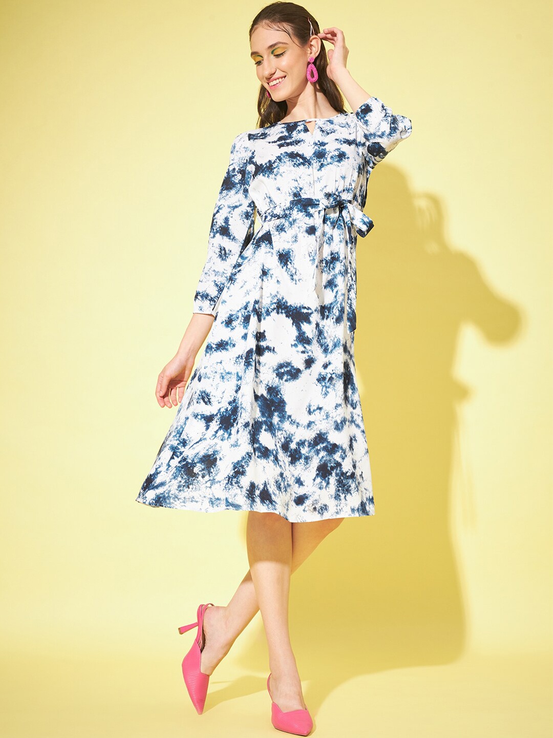

Slenor Tie & Dyed Keyhole Neck A-Line Dress, Blue