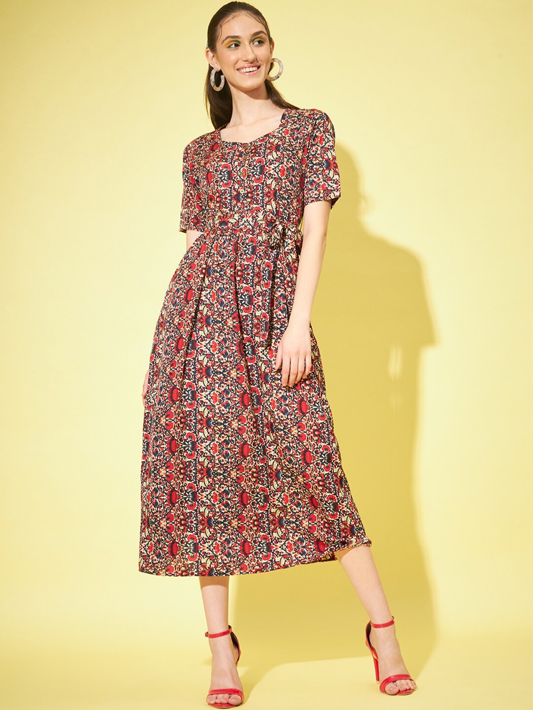 

Slenor Floral Printed Fit & Flare Midi Dress, Red
