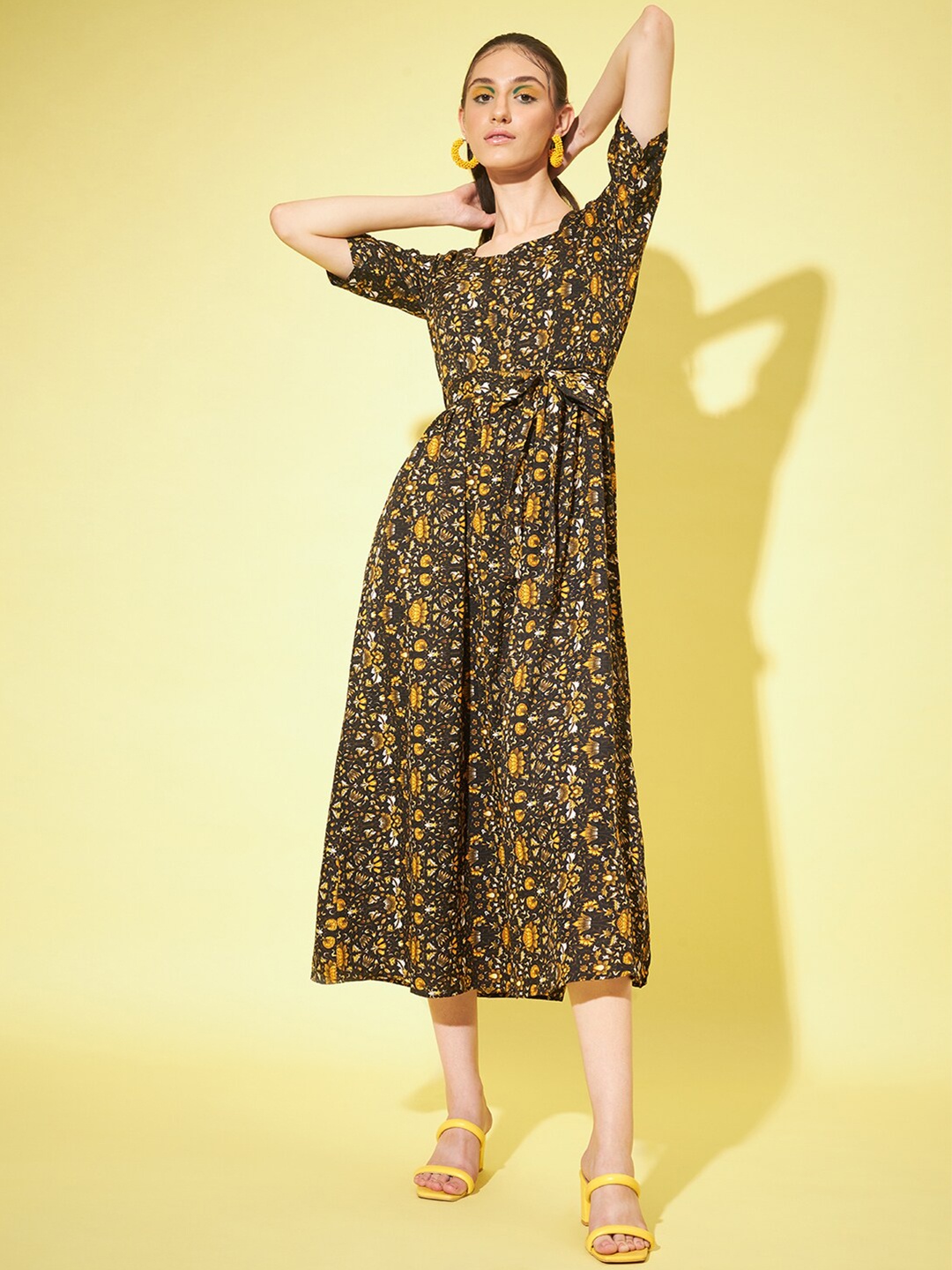 

Slenor Floral Printed Fit & Flare Midi Dress, Black