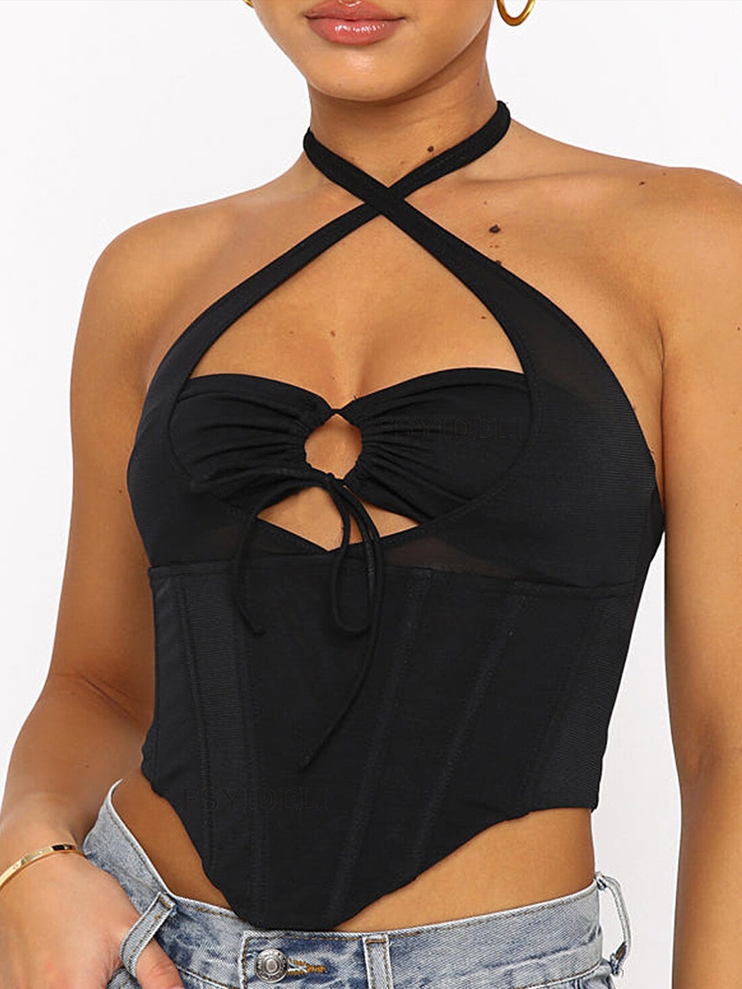 

LULU & SKY Halter Neck Cut Out Corset Crop Top, Black