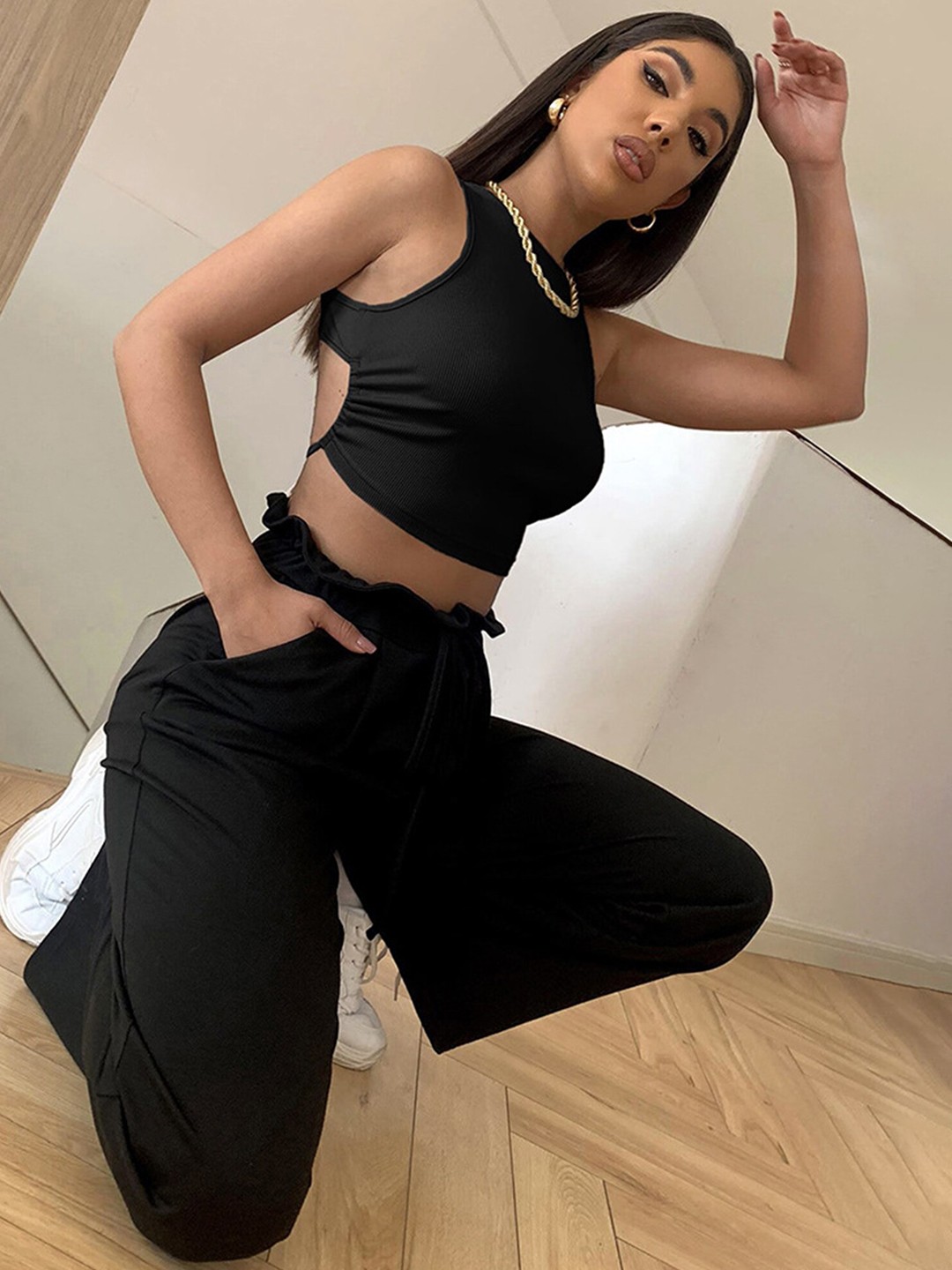

LULU & SKY Round Neck Styled Back Crop Top, Black
