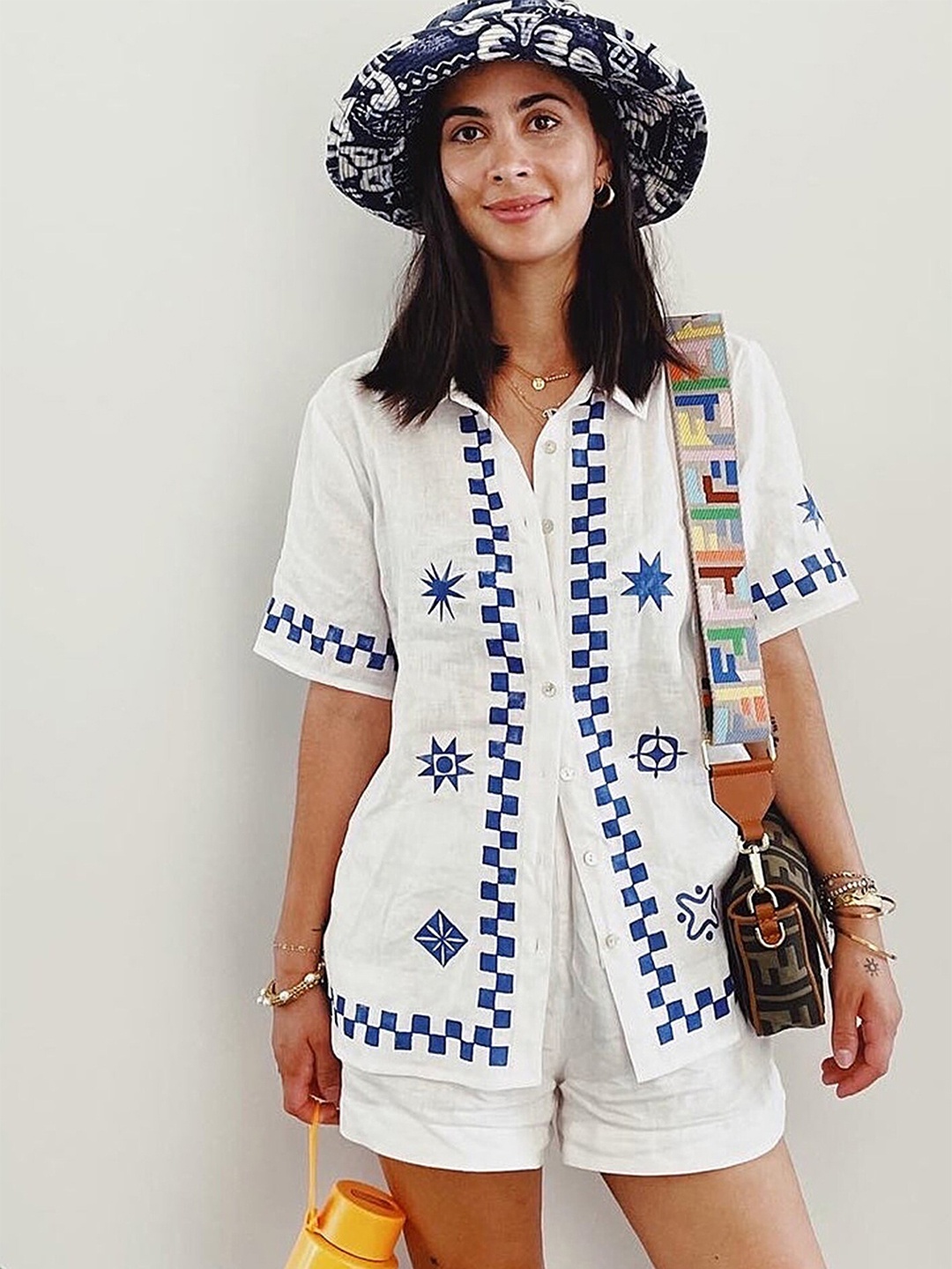 

LULU & SKY Geometric Printed Boxy Shirt Style Top, White