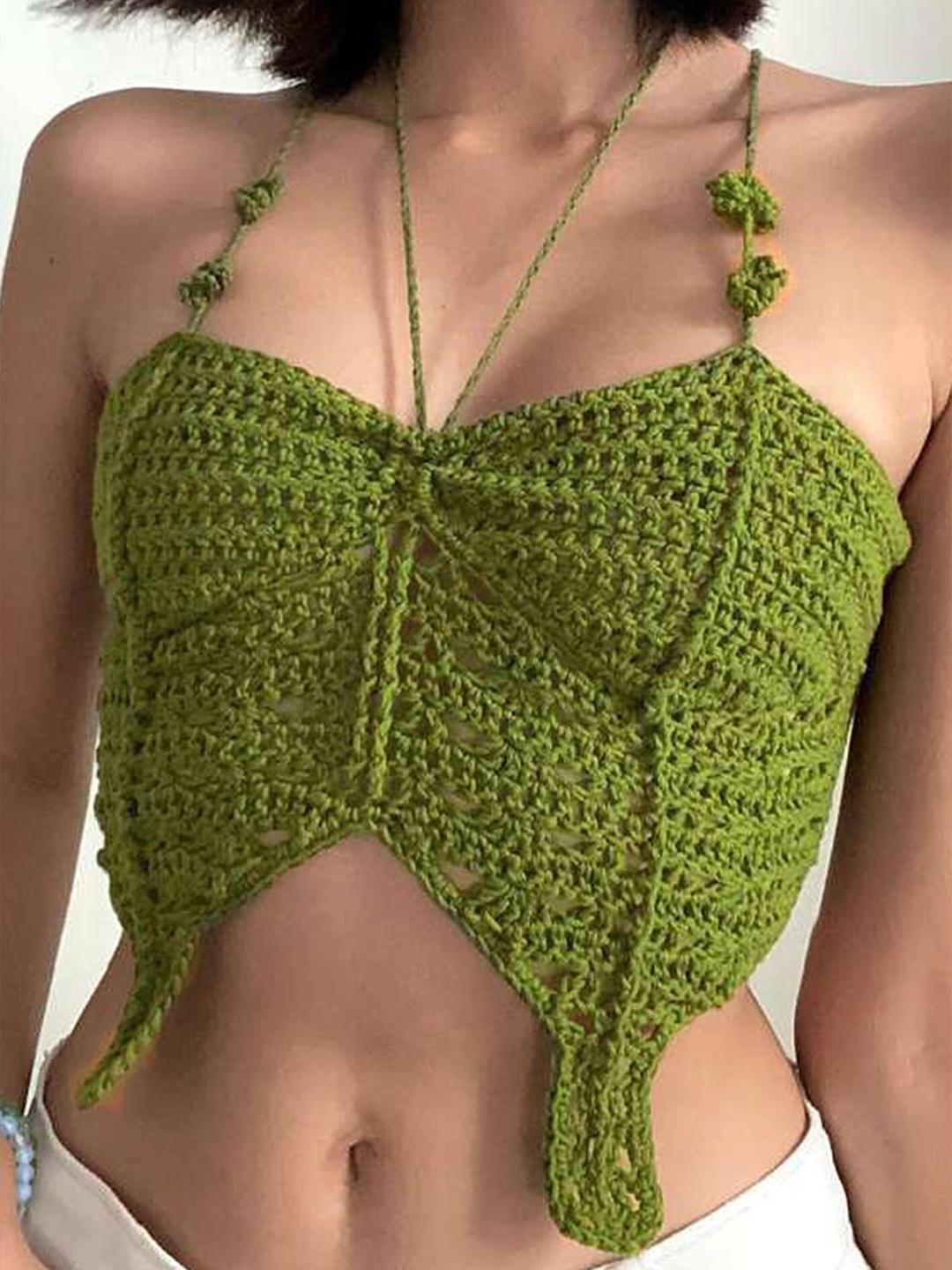 

LULU & SKY Self Design Halter Neck Crochet Bralette Crop Top, Green