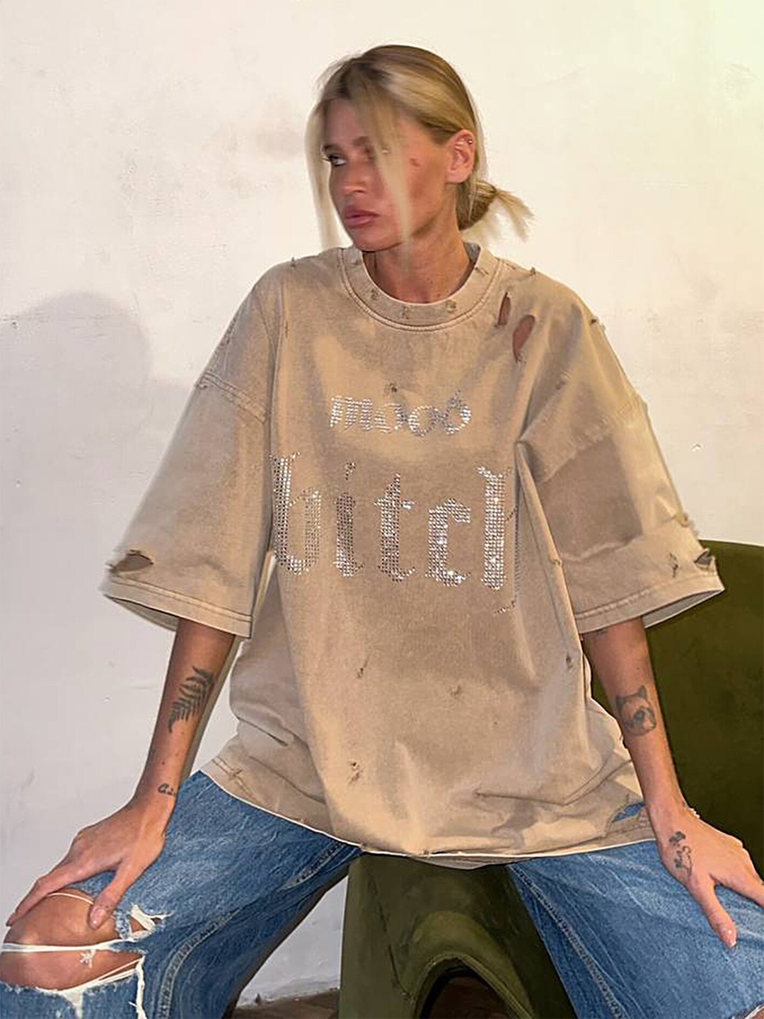 

LULU & SKY Typography Printed Round Neck Drop-Shoulder Sleeves Relaxed Fit T-shirt, Khaki