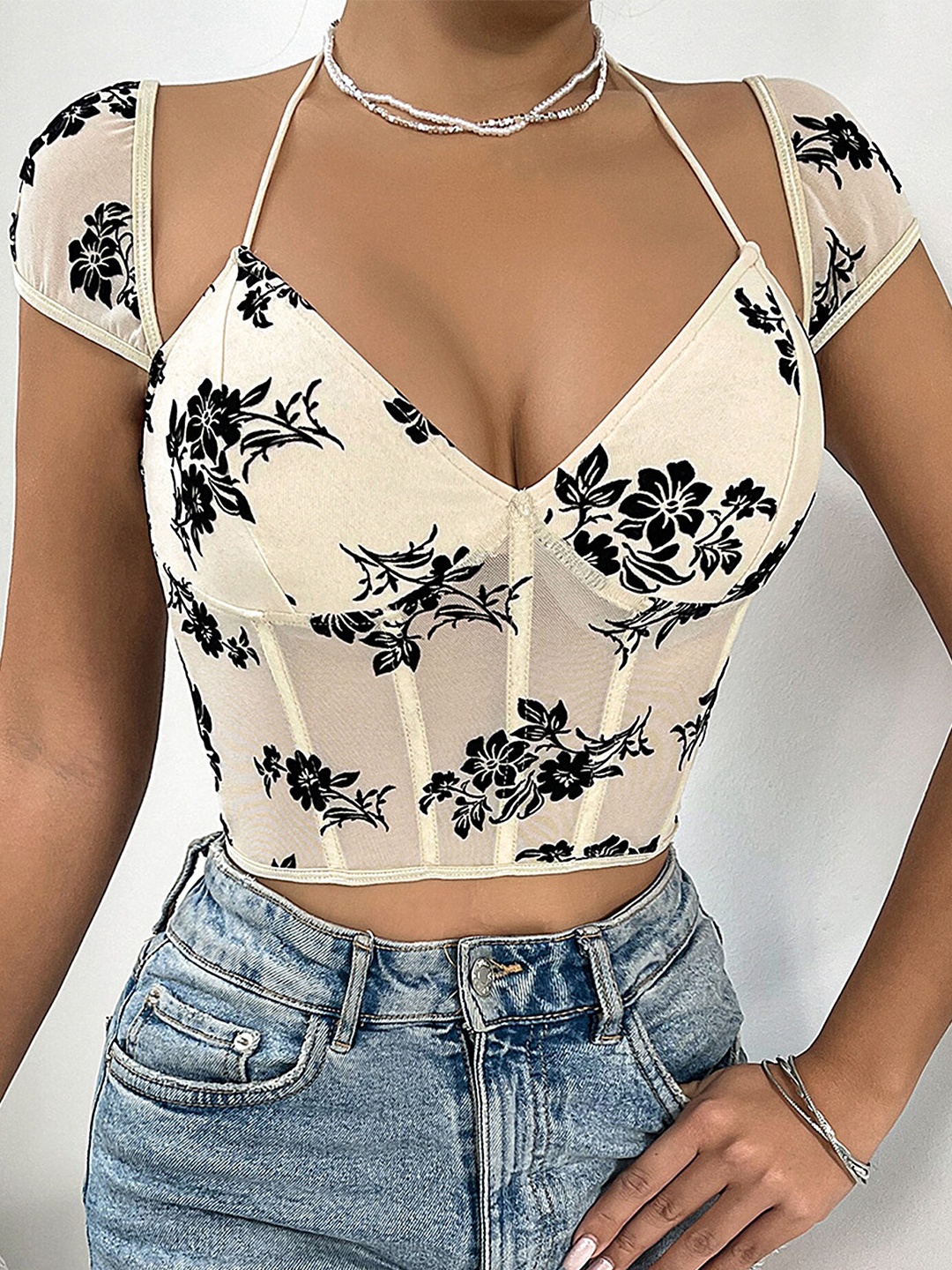 

LULU & SKY Floral Printed Scoop Neck Corset Crop Top, Beige