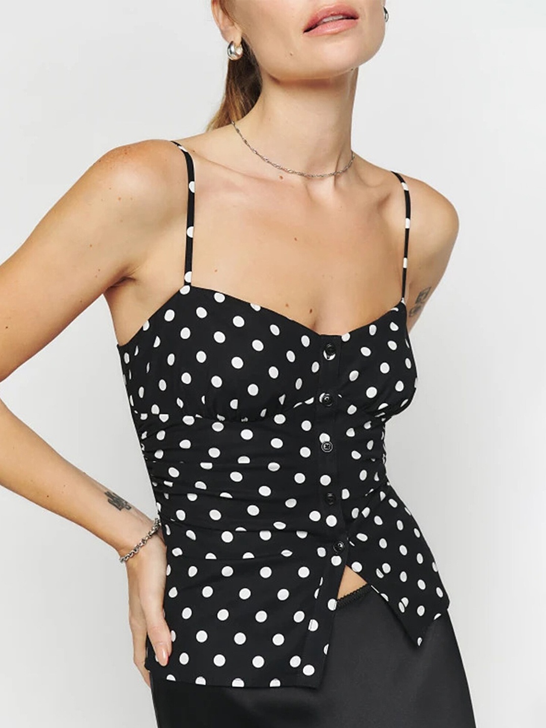 

LULU & SKY Polka Dot Printed Shoulder Straps Fitted Crop Top, Black