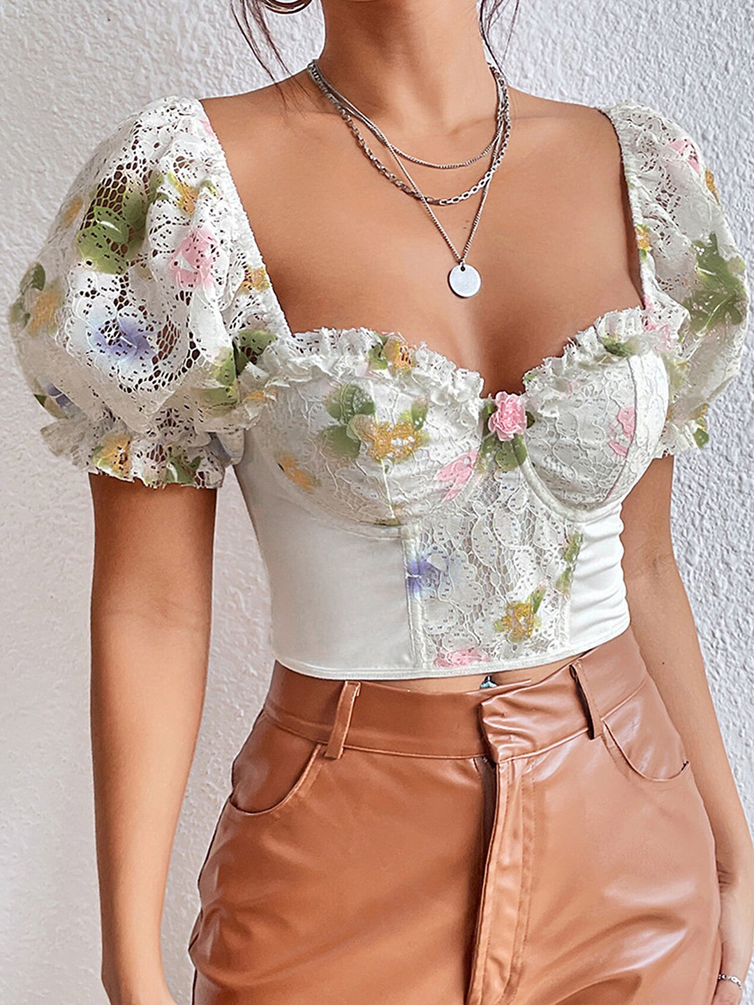 

LULU & SKY Floral Printed Sweetheart Neck Puff Sleeve Corset Crop Top, White