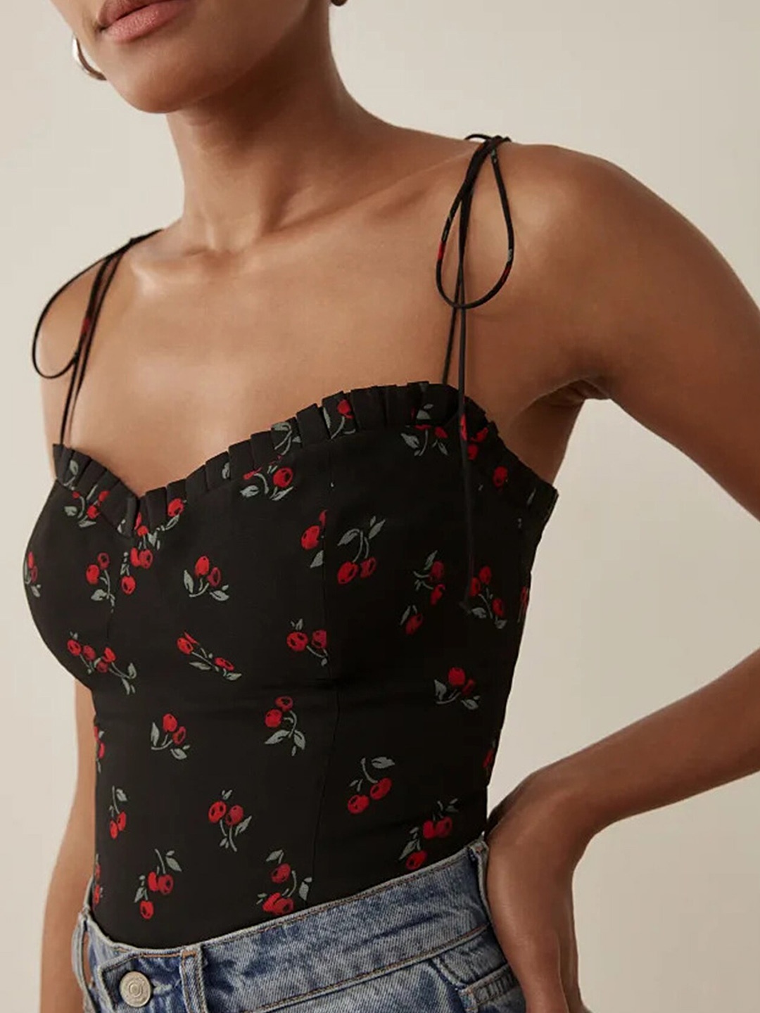 

LULU & SKY Floral Printed Shoulder Straps Fitted Crop Top, Black