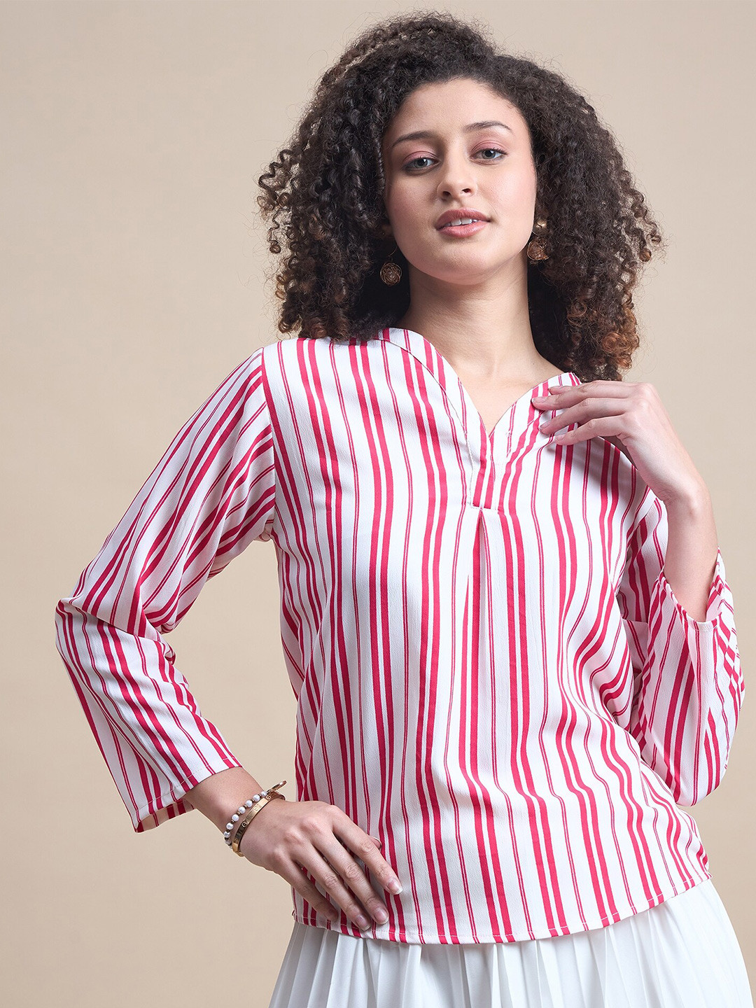 

The Roadster Lifestyle Co. Pink Striped Long Sleeve V-Neck Crepe Top
