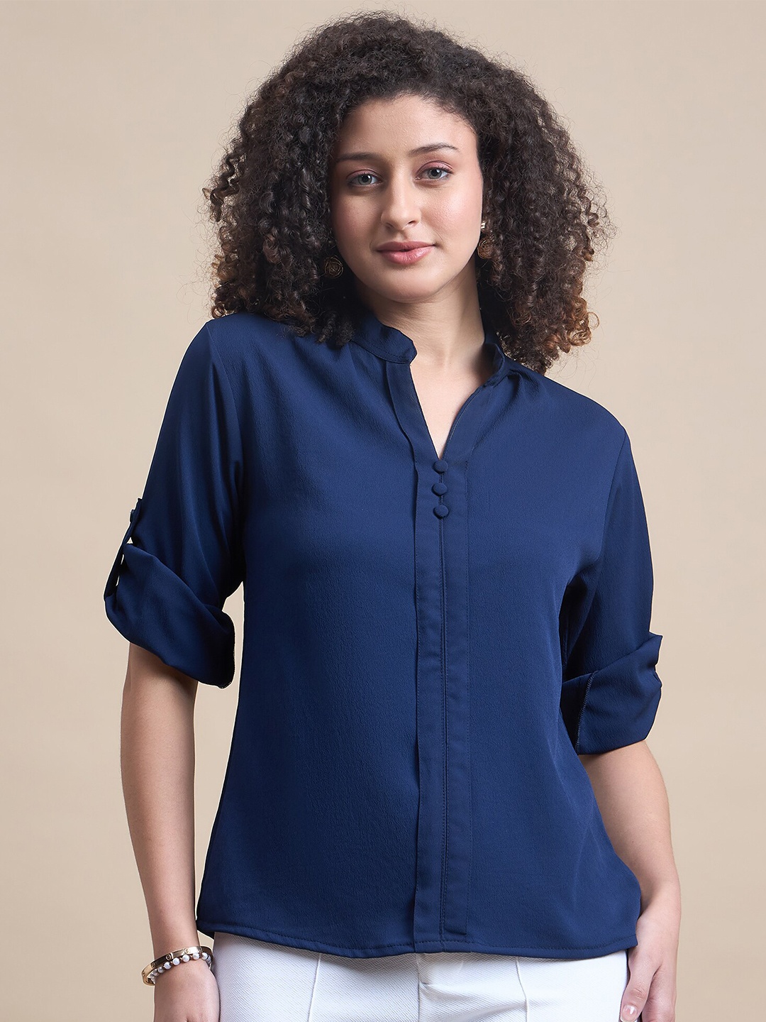 

Roadster Mandarin Collar Roll-Up Sleeves Top, Navy blue