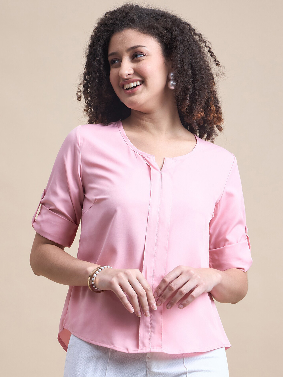 

The Roadster Lifestyle Co. Pink Round Neck Roll-Up Sleeves Crepe Top