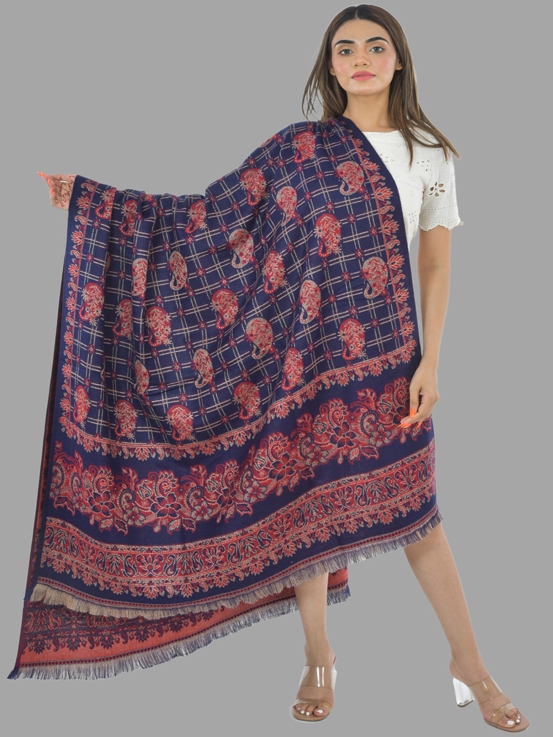 

BAISA Paisley Woven Design Acrylic Shawl, Navy blue