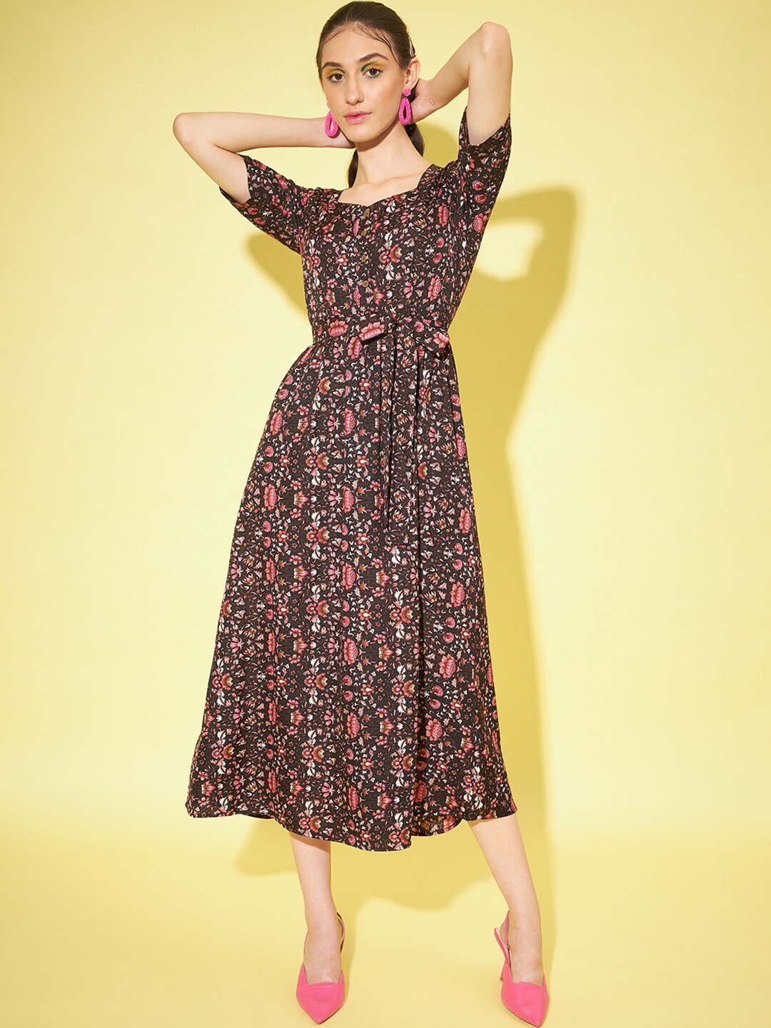 Slenor Floral Print Crepe A-Line Midi Dress, Brown