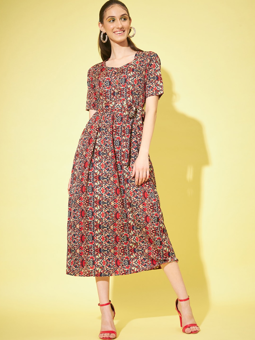 

Slenor Floral Printed Fit & Flare Midi Dress, Red