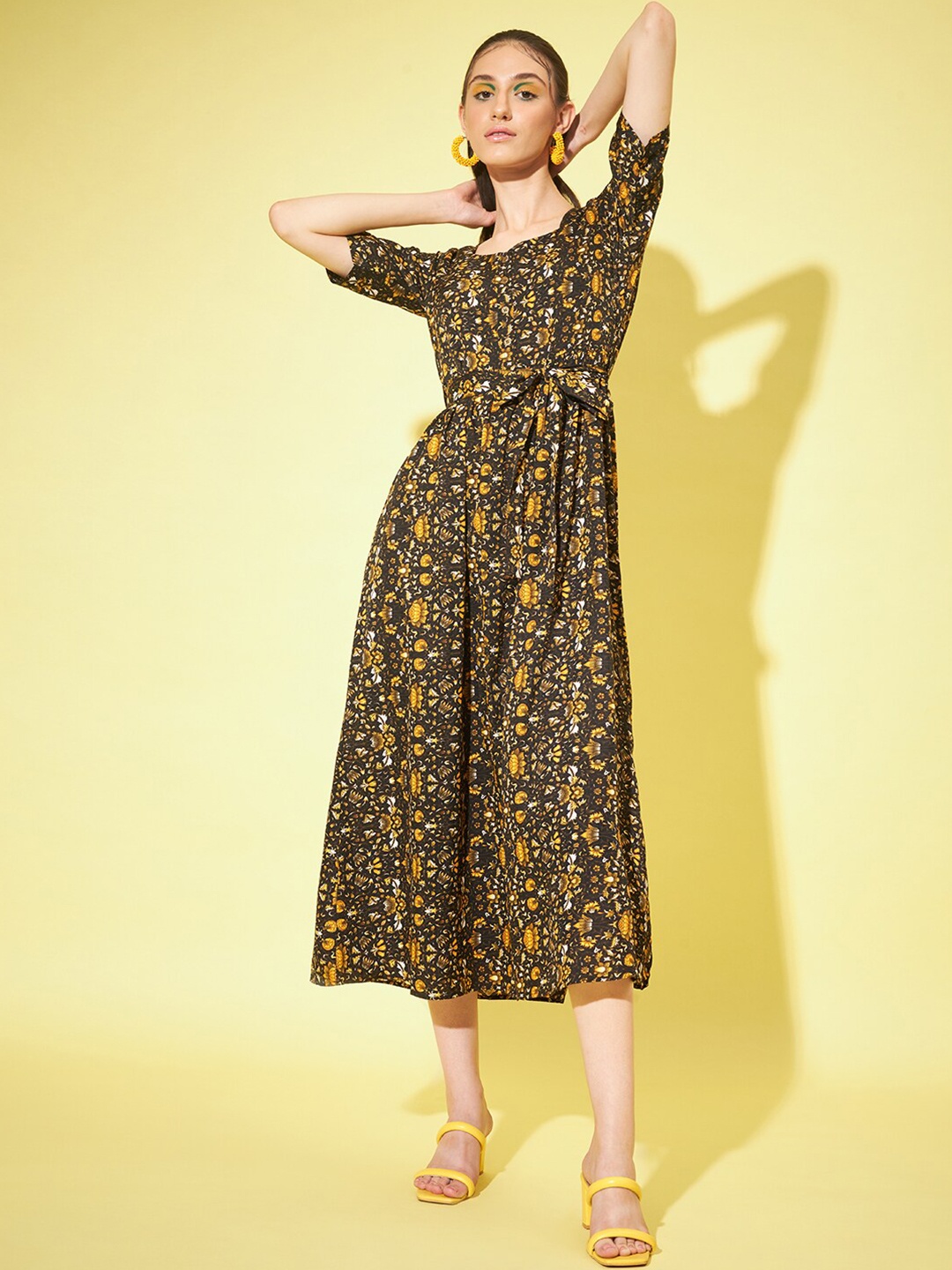 

Slenor Floral Printed Fit & Flare Midi Dress, Black