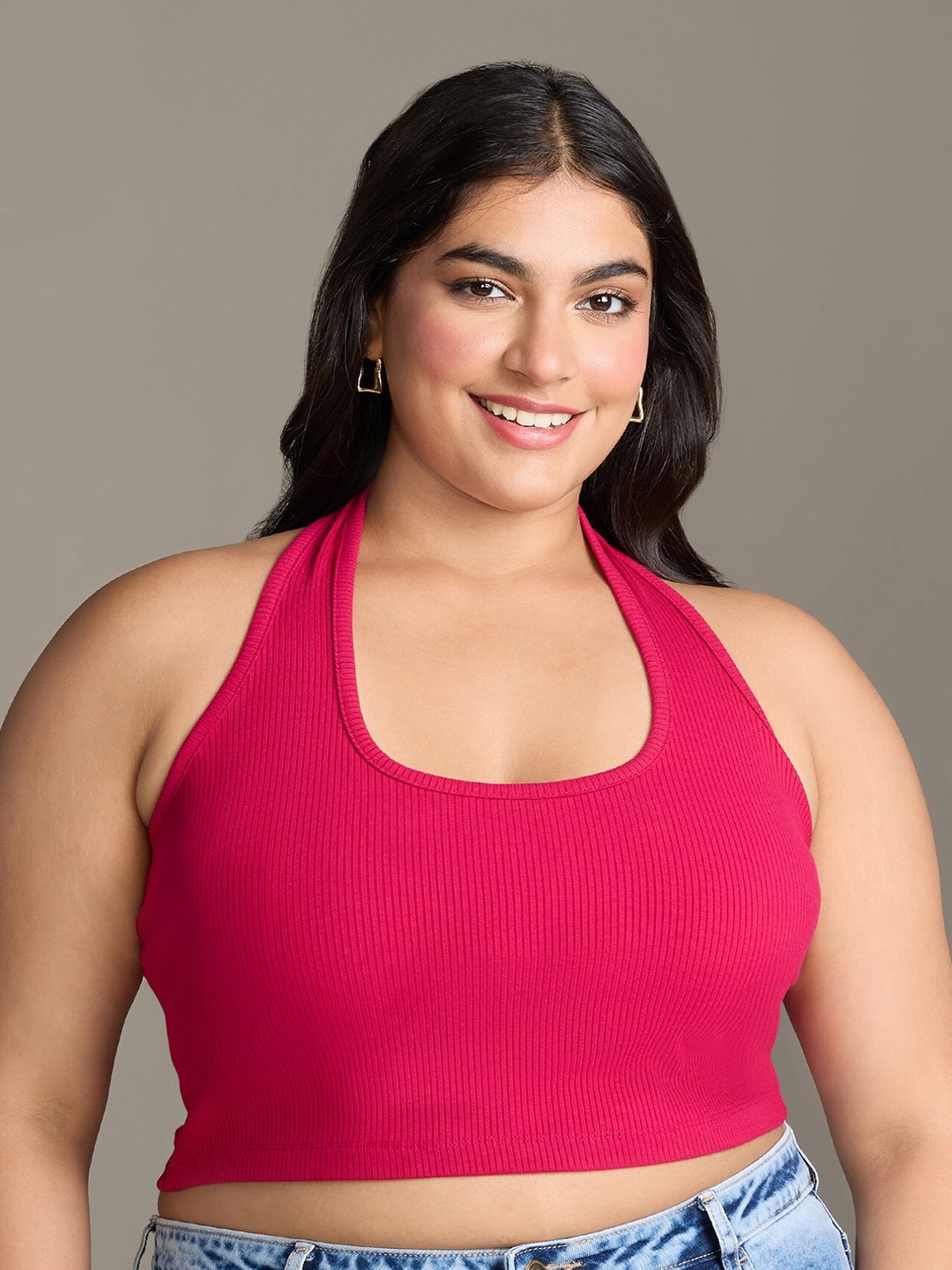 

20Dresses Plus Size Magenta Halter Neck Fitted Crop Top
