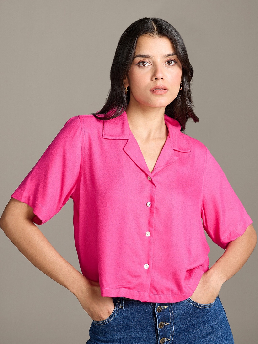 

20Dresses Fuchsia Cuban Collar Short Sleeves Crop Casual Shirt