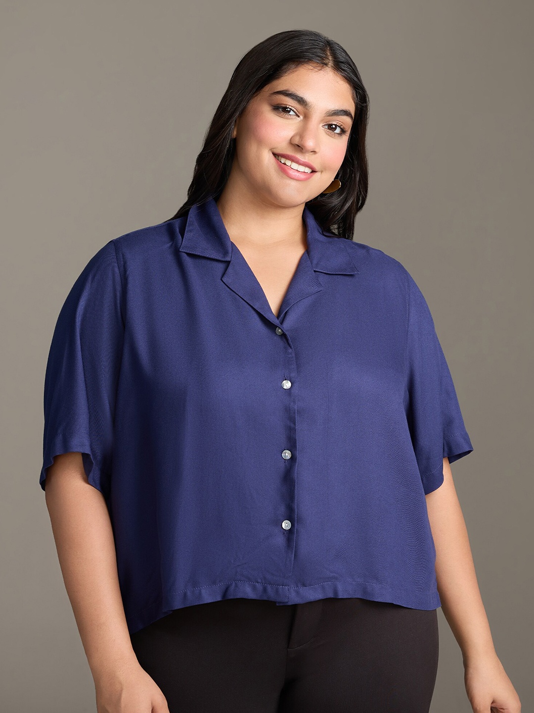

20Dresses Plus Size Blue Cuban Collar Short Sleeves Crop Casual Shirt