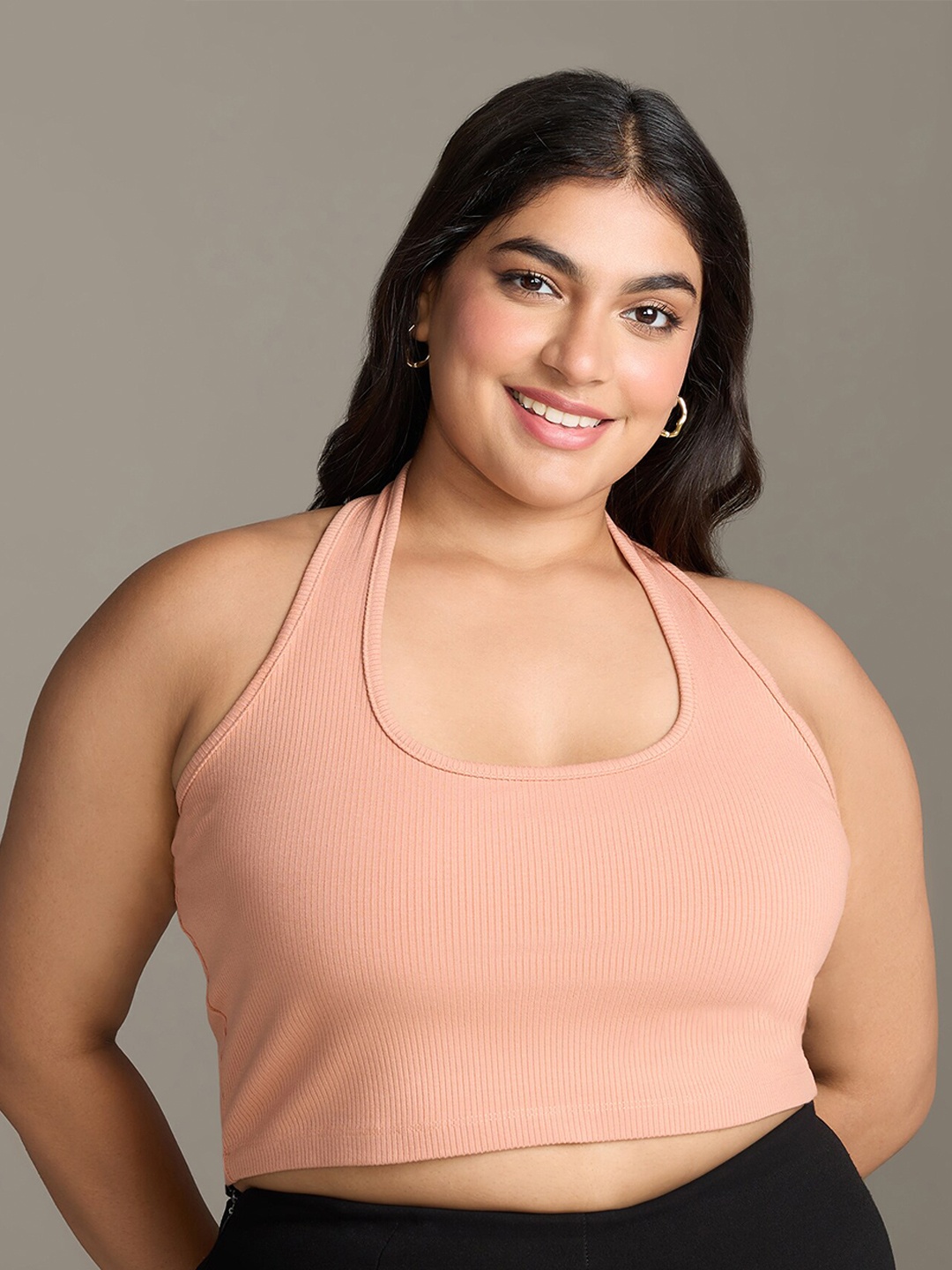 

20Dresses Plus Size Peach-Coloured Halter Neck Sleeveless Fitted Crop Top