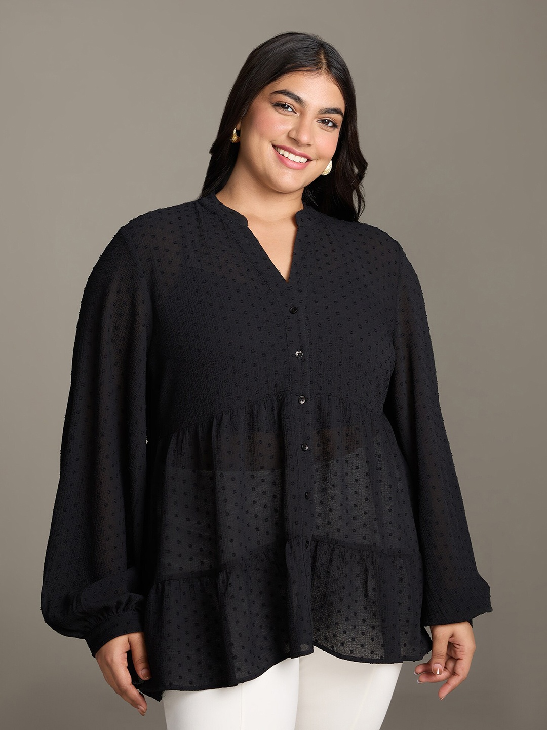 

20Dresses Puls Size Mandarin Collar Long Sleeves Semiformal Casual Shirt, Black