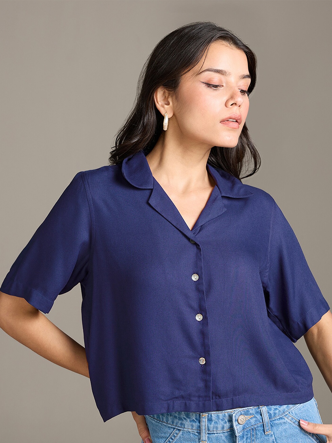 

20Dresses Blue Cuban Collar Short Sleeves Crop Casual Shirt