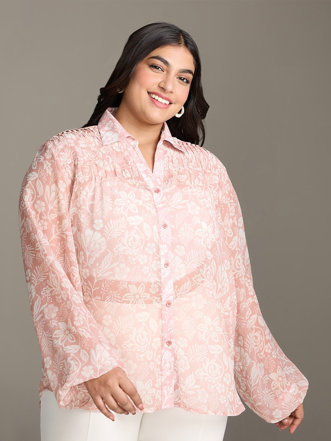 

20Dresses Plus Size Peach-Coloured Floral Printed Spread Collar Long Sleeves Casual Shirt