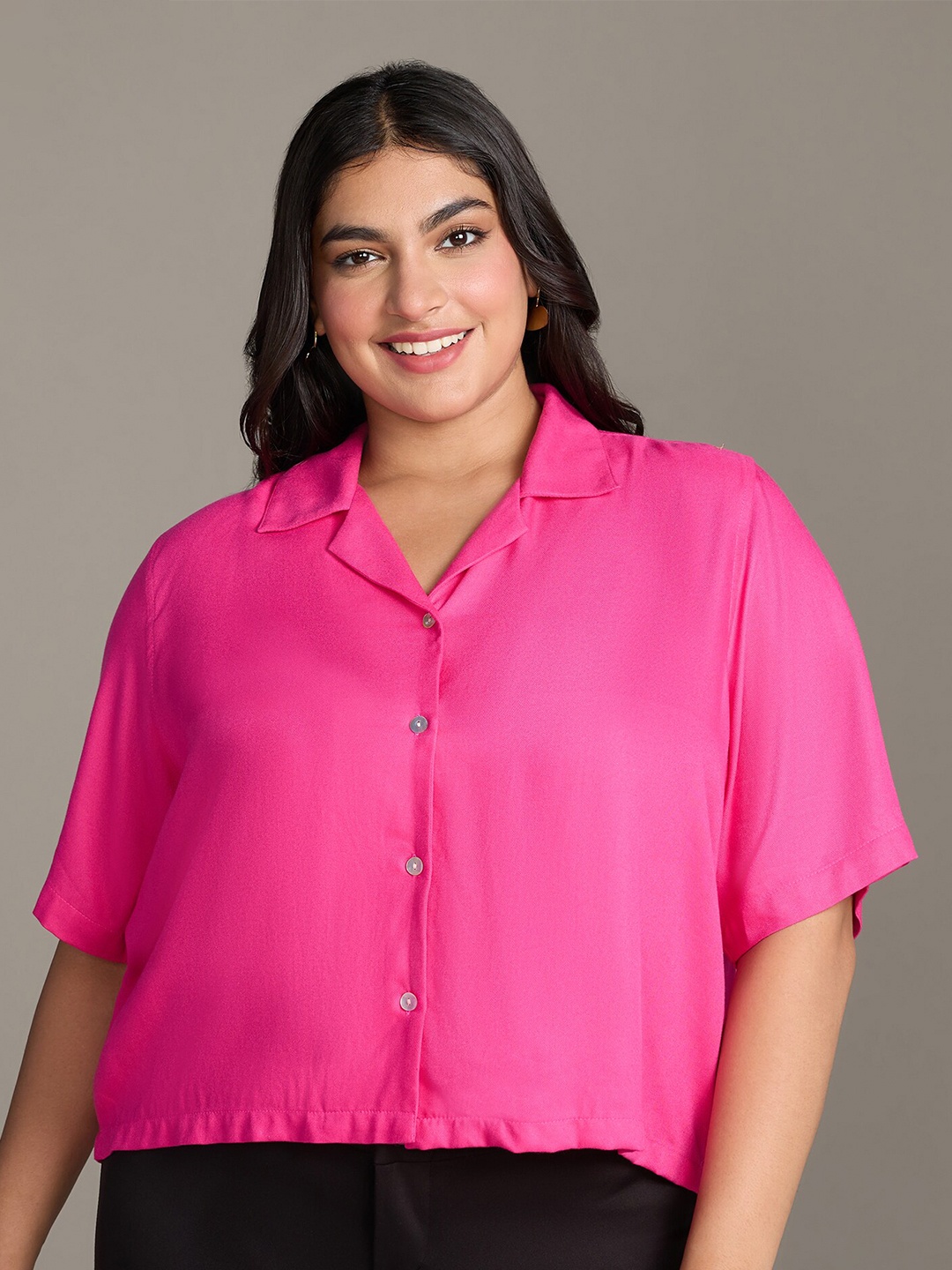 

20Dresses Plus Size Fuchsia Cuban Collar Short Sleeves Crop Casual Shirt