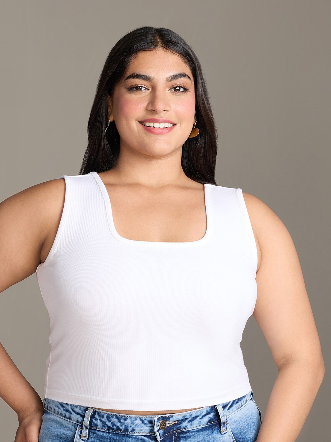 

20Dresses Plus Size Square Neck Sleeveless Ribbed Crop T-Shirt, White