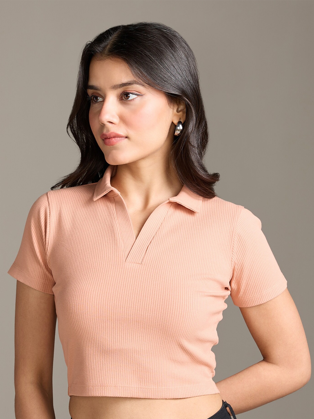 

20Dresses Peach- Coloured Shirt Collar Short Sleeves Fitted Crop Top