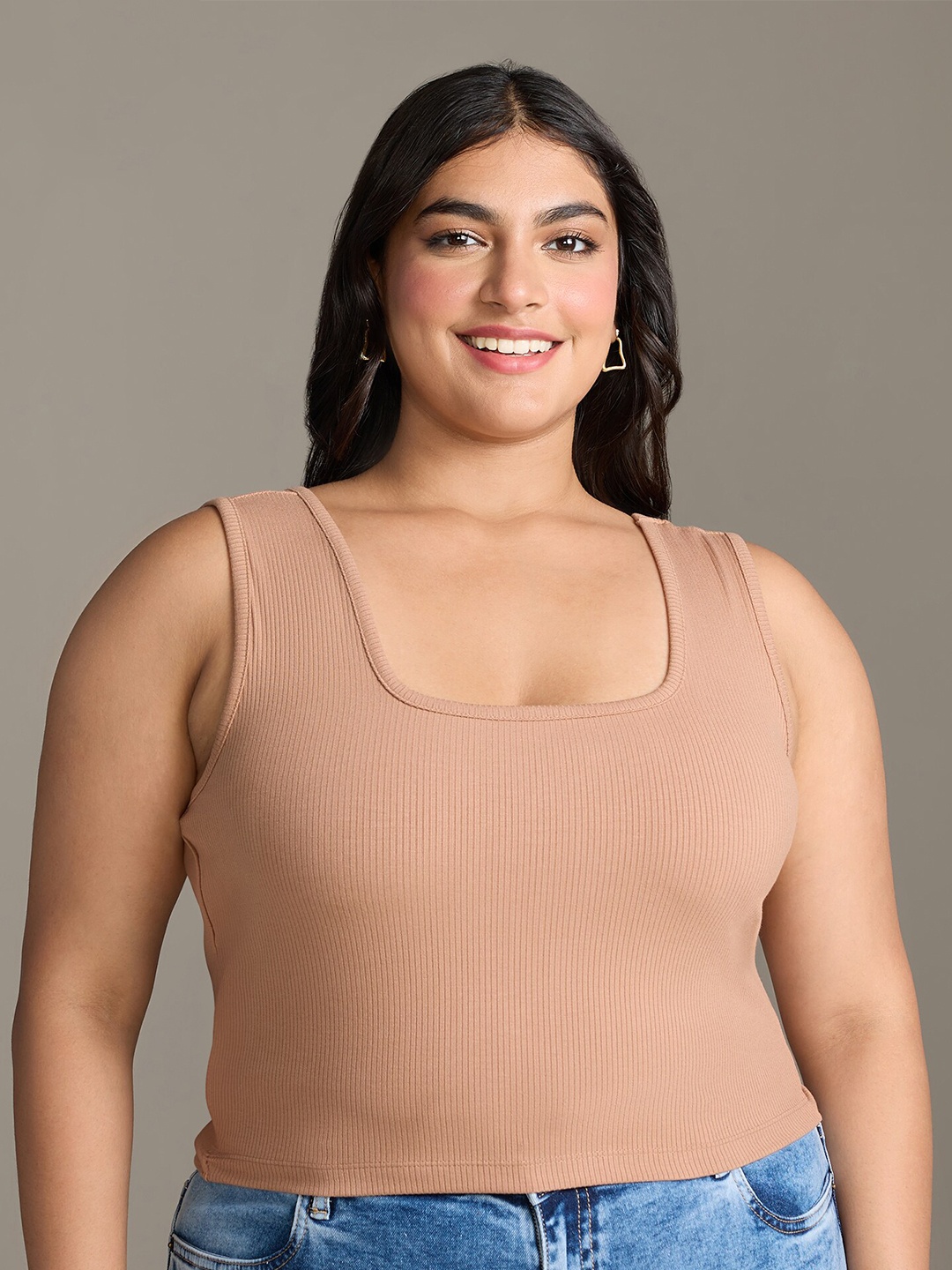 

20Dresses Plus Size Khaki-Coloured Square Neck Tank Crop Top