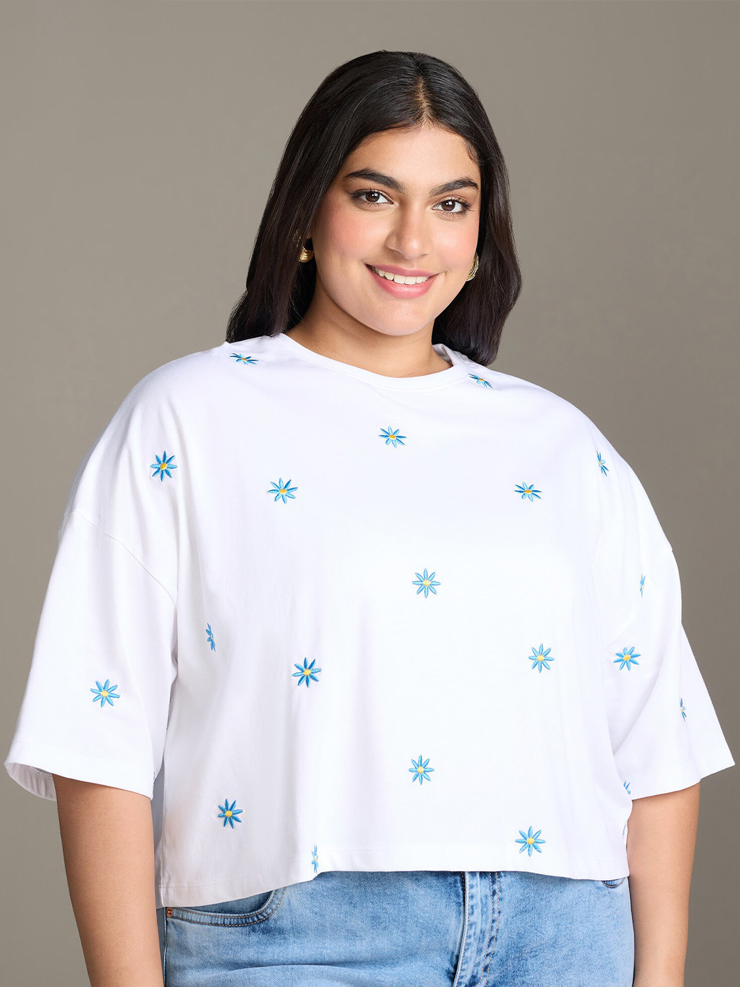 

20Dresses Plus Size White Floral Printed Drop-Shoulder Sleeves Pure Cotton Crop T-shirt