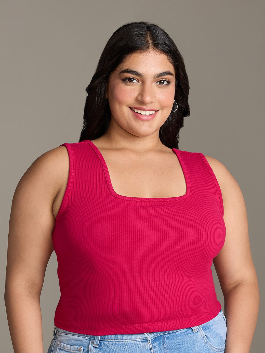

20Dresses Plus Size Magenta Square Neck Sleeveless Fitted Top